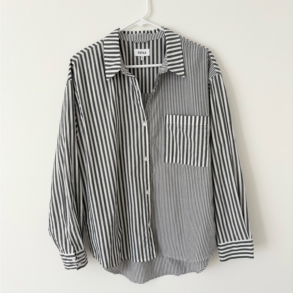Pistola Millie Long Sleeve Button Down Shirt in Noir Ecru Stripe Size Large - Picture 2 of 7